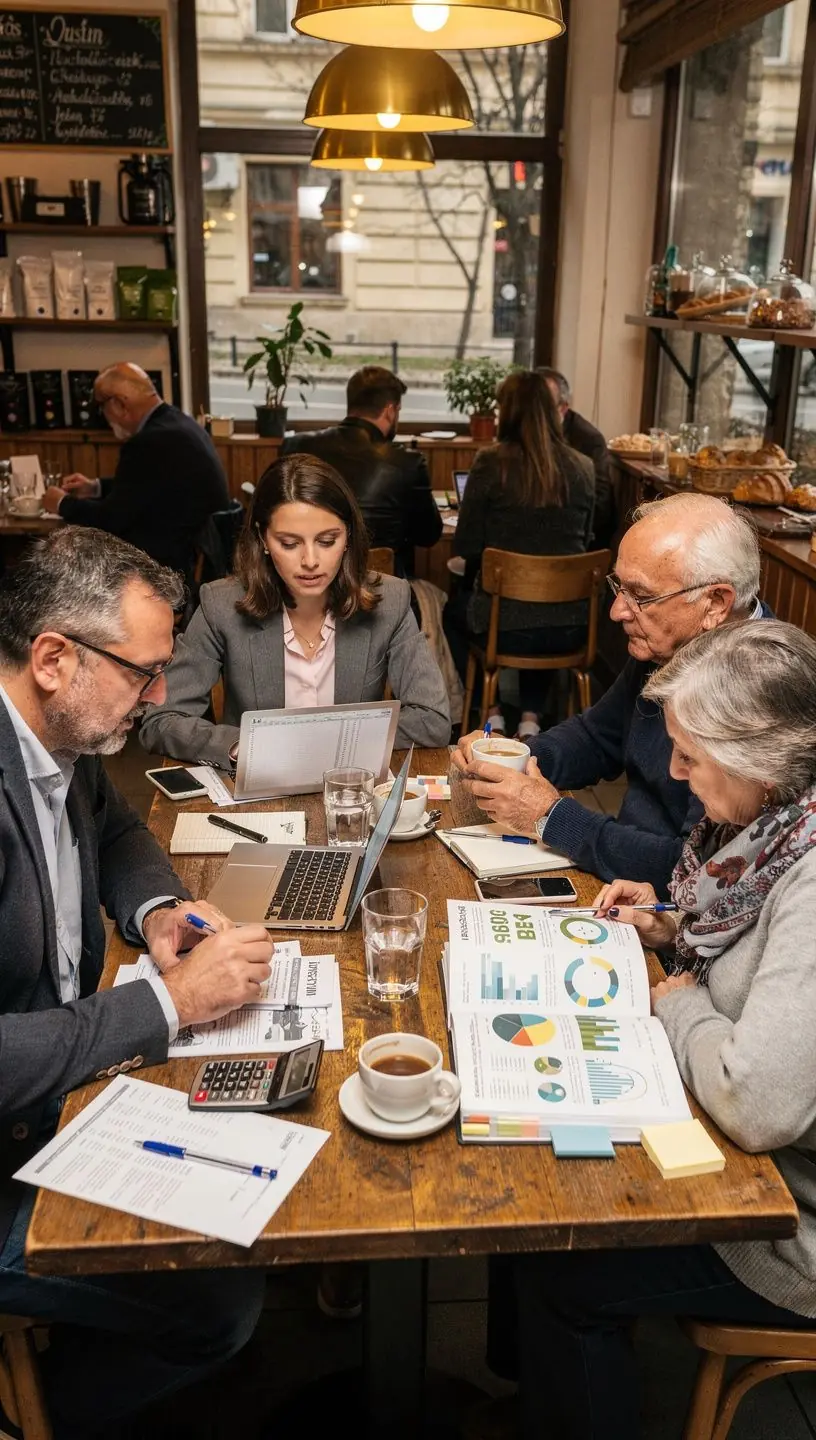 Kézben tartott jegyzetfüzet nyitva, tele kitöltött pénzügyi tervezési feladatokkal.