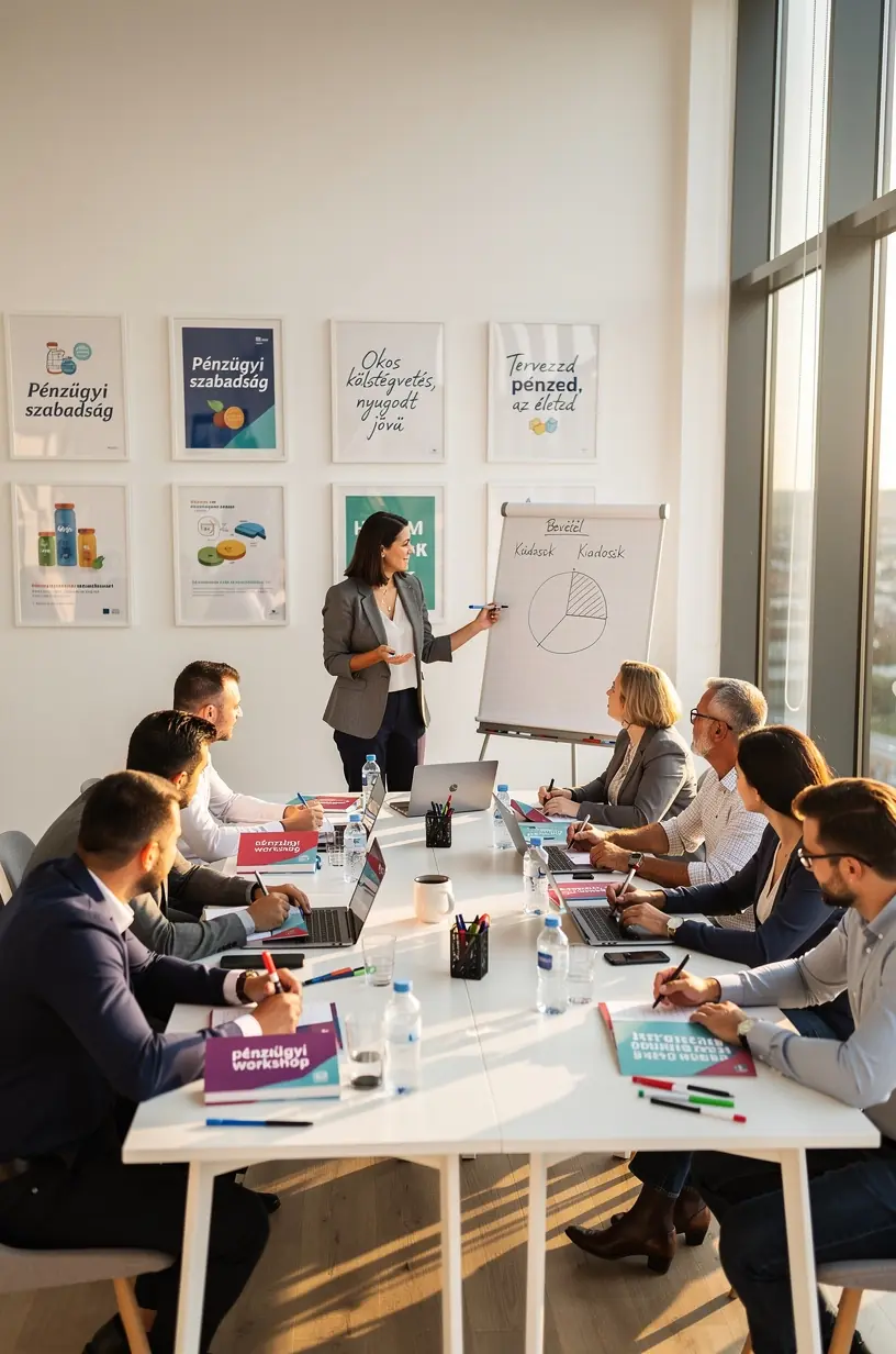 Közeli kép egy személyes pénzügyi workbook belső oldalairól, kitöltött példákkal és útmutatásokkal.